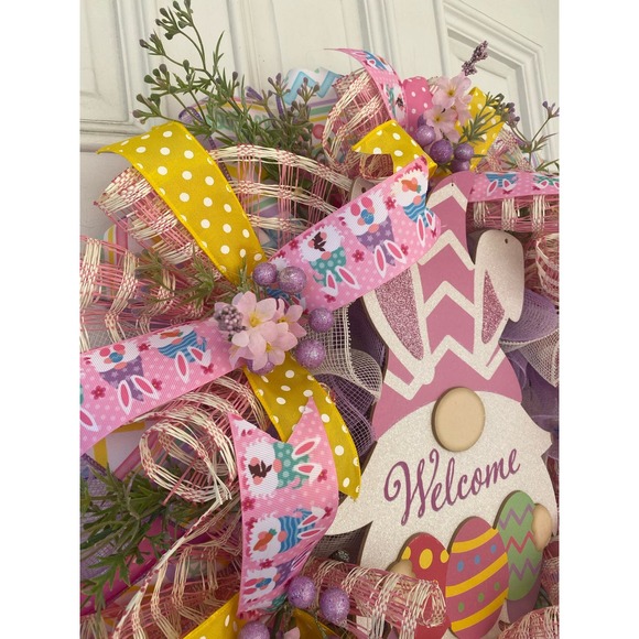 Wooden Welcome Easter Bunny Gnome Sign & Eggs Deco Mesh & Ribbon Wreath - Picture 4 of 6